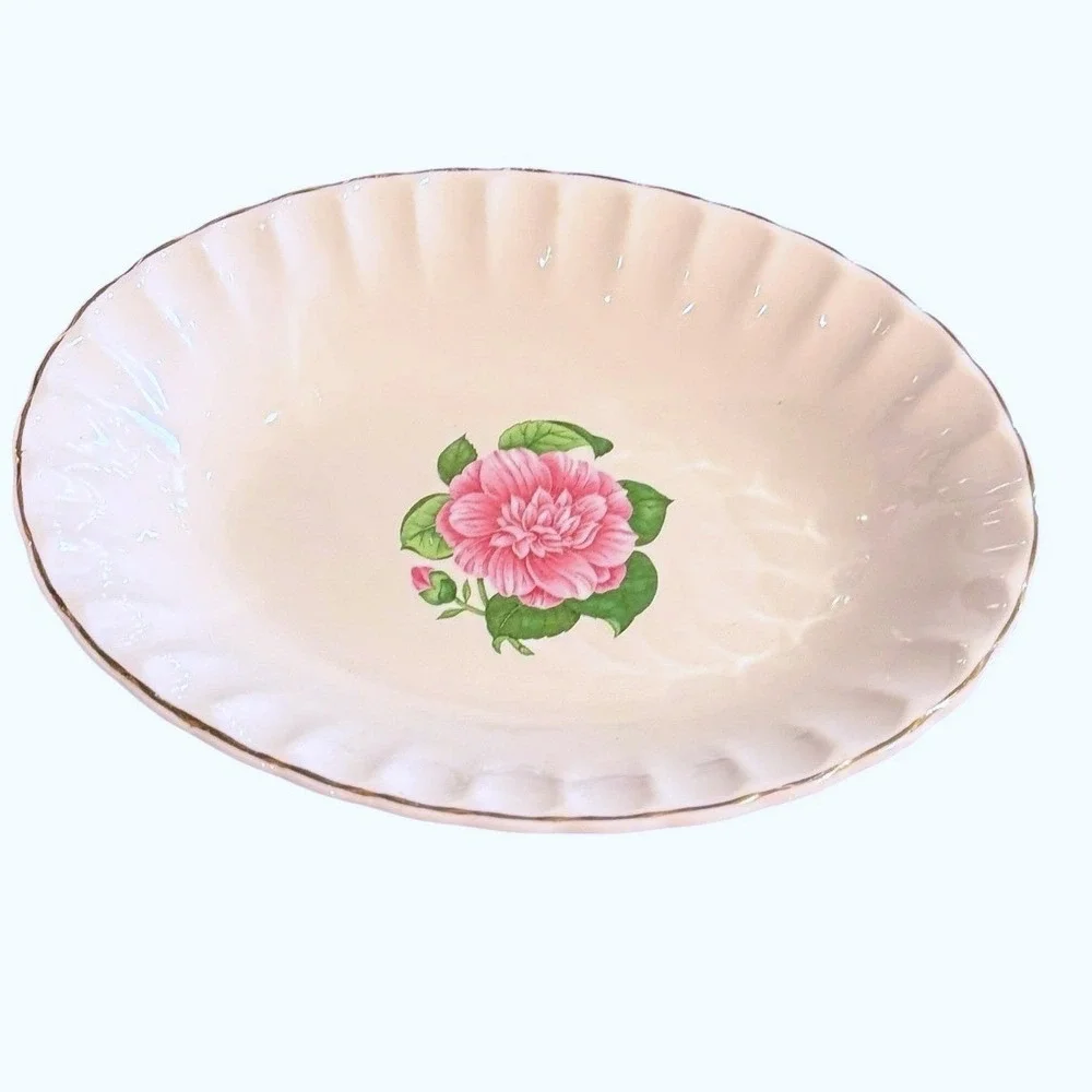 WS‎ George Vintage Oval Serving Bowl Pink Floral Camellia Scallop Gold Trim 9.5